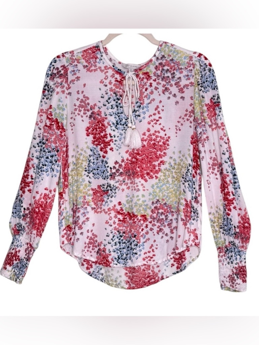 LUCKY BRAND Women Boho Peasant Top Sz S Pink Blue Floral Tassel Tie Blouse